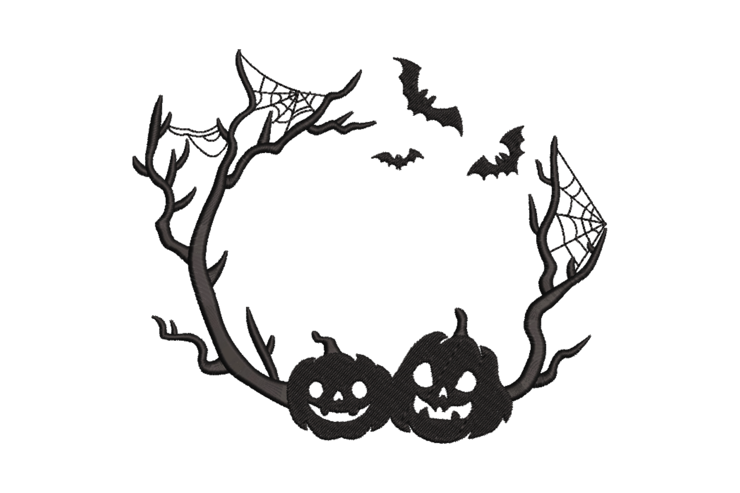 Halloween frame embroidery in black, bare branch sides, 3 bats at top, spiderwebs in corners and 2 carved pumpkins at base.