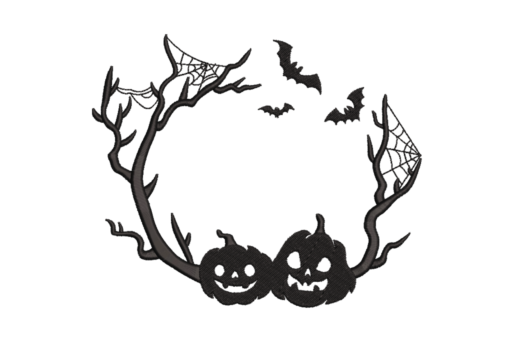 Halloween frame embroidery in black, bare branch sides, 3 bats at top, spiderwebs in corners and 2 carved pumpkins at base.