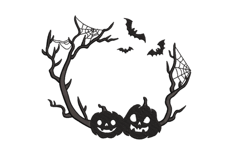 Halloween frame embroidery in black, bare branch sides, 3 bats at top, spiderwebs in corners and 2 carved pumpkins at base.