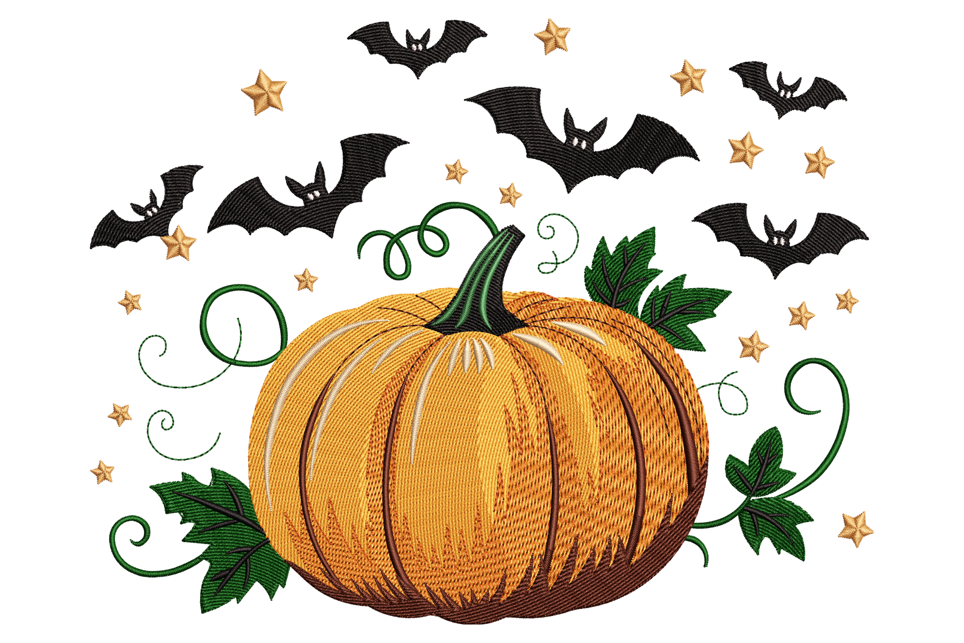 Halloween pumpkin with carved grin and three circling bats, bold cartoon style, nine colours, satin fill, 3.5 inches wide machine embroidery design