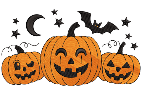 Halloween pumpkins trio embroidery showing three stacked carved pumpkins with different facial expressions in bright orange and black.
