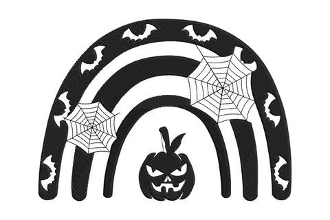Halloween rainbow arch embroidery design with bat silhouettes, spiderwebs, and jack-o-lantern in single black thread