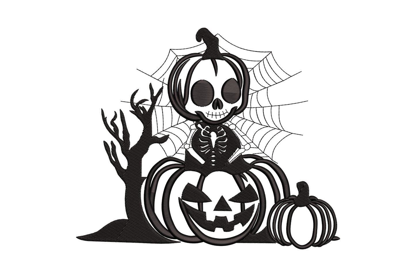 Halloween skeleton pumpkin embroidery design in black thread, skeleton inside carved jack-o-lantern with spider web behind.