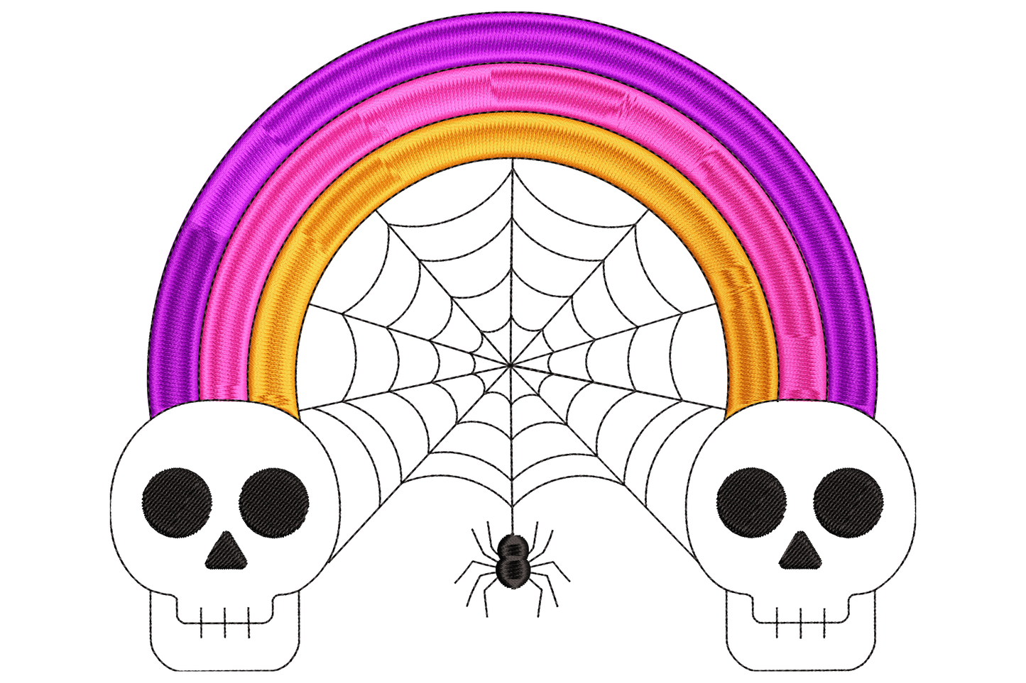 Halloween skull rainbow machine embroidery design, cartoon skull with rainbow arc above, four colours, flat graphic style, white skull and bright rainbow bands.