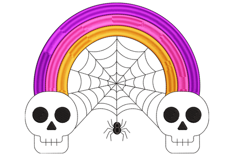 Halloween skull rainbow machine embroidery design, cartoon skull with rainbow arc above, four colours, flat graphic style, white skull and bright rainbow bands.