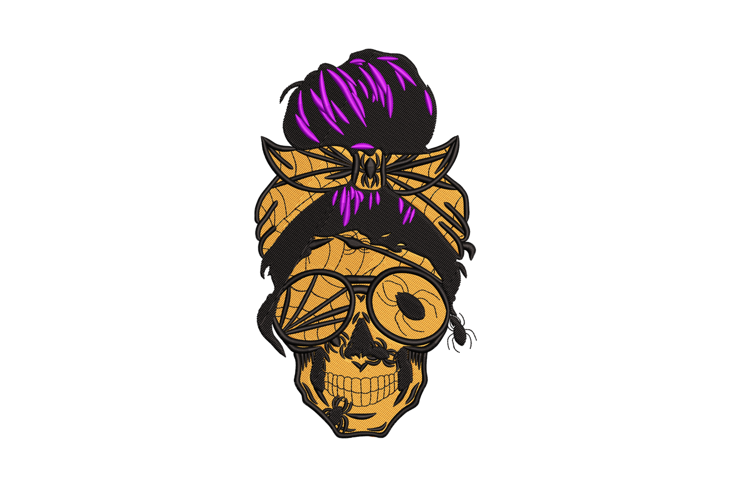 Sugar skull woman with floral eye socket detail and messy bun hair, crimson and violet accents, halloween embroidery design.