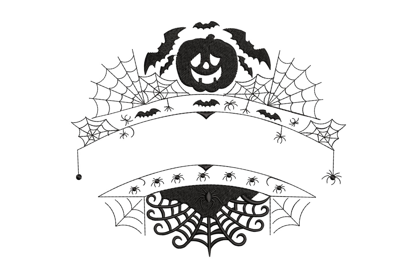 Halloween spider web banner embroidery design with gothic jack-o-lantern, bats, and ornate scrollwork in black