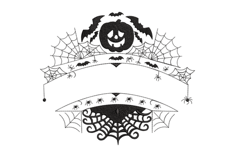 Halloween spider web banner embroidery design with gothic jack-o-lantern, bats, and ornate scrollwork in black