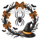 Halloween Spider Wreath Embroidery Design, Black Twig Wreath with Witch Hat Pattern, Instant Download