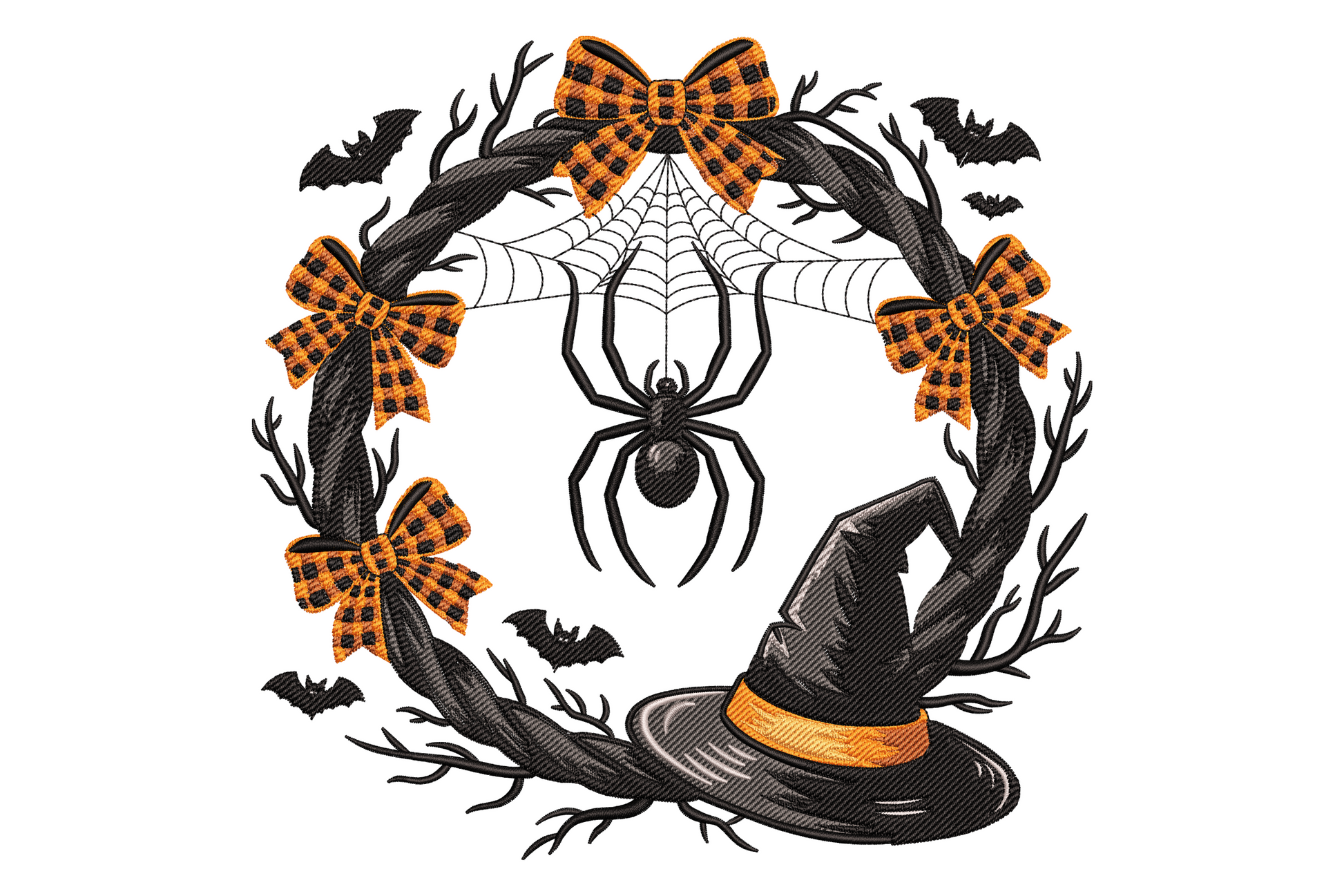 Halloween spider wreath embroidery design with black twigs, fat spider in the centre on a cobweb, grey witch hat, orange plaid bows and small flying bats