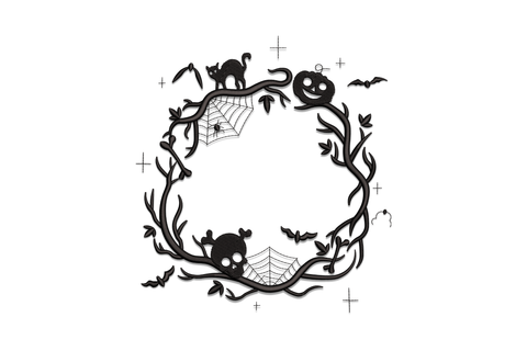 Halloween spooky botanical wreath embroidery design, dark bare branches circular motif, single colour, 5 sizes from 3.5 to 7.5 inches
