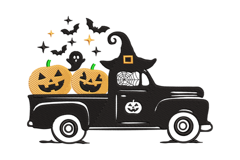 Halloween truck pumpkins embroidery design featuring a vintage black pickup truck with orange jack-o-lanterns and bats, machine embroidery 5 sizes.