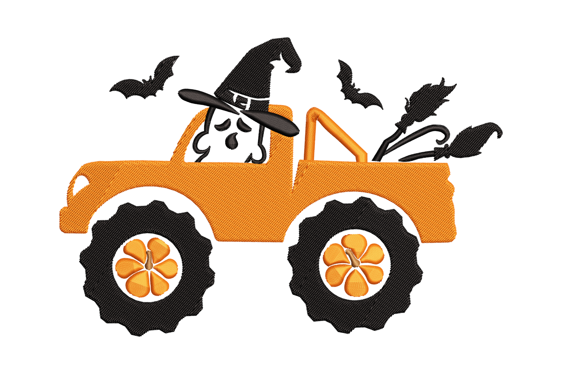 Halloween monster truck embroidery design with orange truck body, witch driver in tall hat, pumpkin hubcaps, broomstick in truck bed and flying bats.