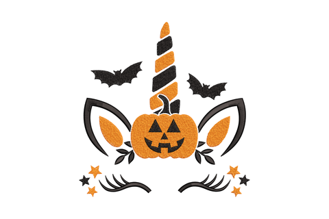 Halloween unicorn pumpkin embroidery with carved face, striped horn, ears, bats and stars in orange and black.