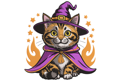 Halloween witch cat embroidery design showing a black cat in a tall purple witch hat surrounded by gold stars and crescent moons on white background.