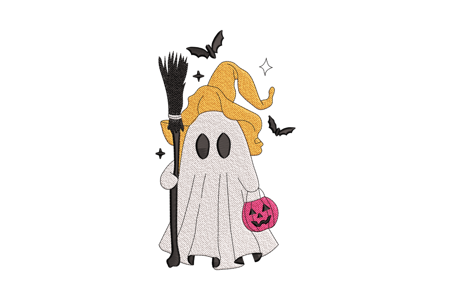 Halloween ghost girl witch embroidery design with orange hat, broom, pink jack-o-lantern pail and bats, 4 colours, tall character format, 5 sizes.