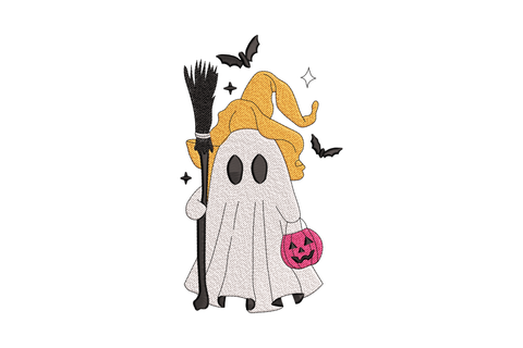 Halloween ghost girl witch embroidery design with orange hat, broom, pink jack-o-lantern pail and bats, 4 colours, tall character format, 5 sizes.