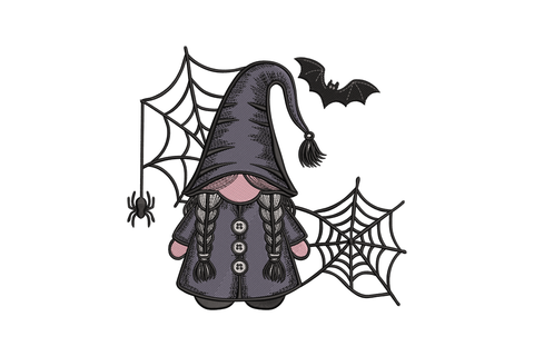 Cartoon character in a witch costume with spider webs and a bat embroidery design