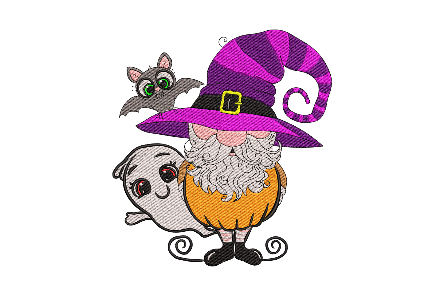 Halloween witch gnome with purple hat, white beard, orange body, grey ghost and bat-winged green-eyed kitten.