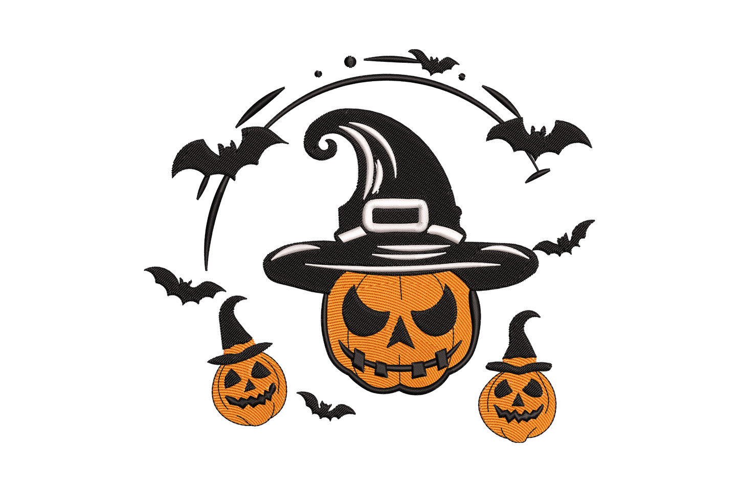 Halloween embroidery design with 3 carved pumpkins wearing witch hats, bats circling above, in orange, black and white thread.