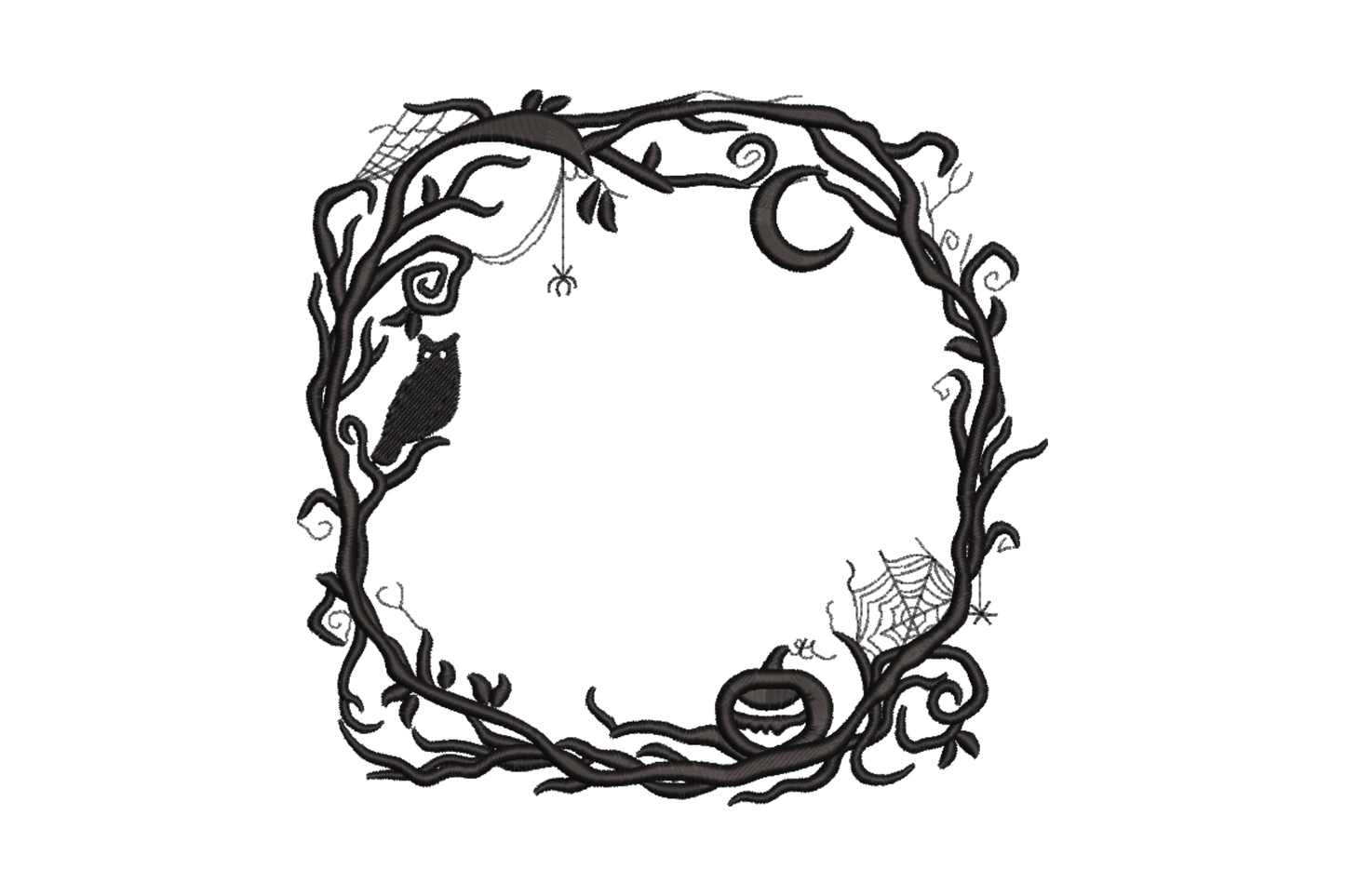 Halloween wreath embroidery in black, gnarled branches, owl on left, carved pumpkin at base, crescent moon and spiderweb.