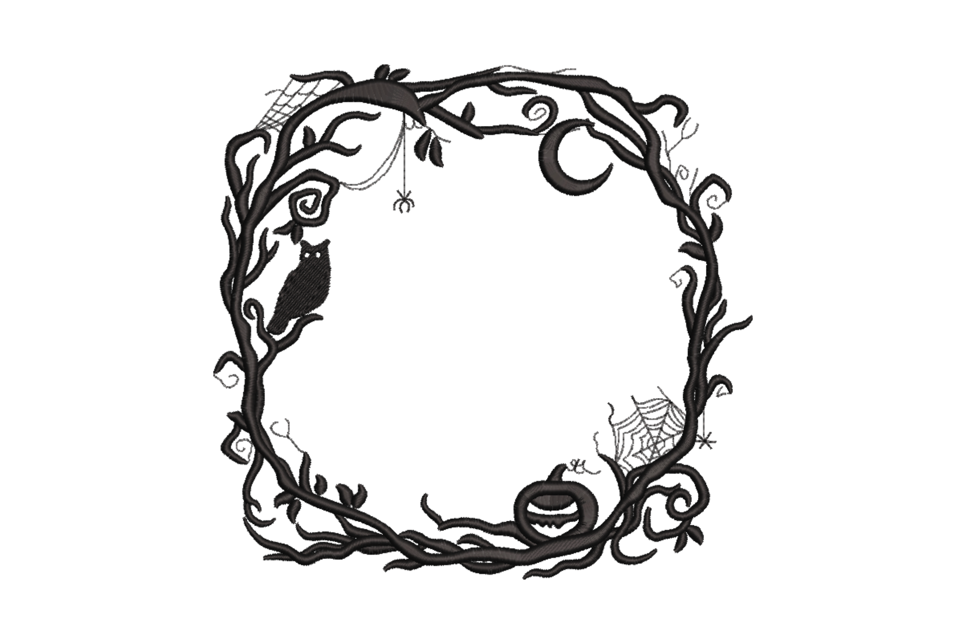 Halloween wreath embroidery in black, gnarled branches, owl on left, carved pumpkin at base, crescent moon and spiderweb.