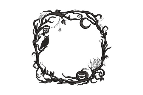 Halloween wreath embroidery in black, gnarled branches, owl on left, carved pumpkin at base, crescent moon and spiderweb.