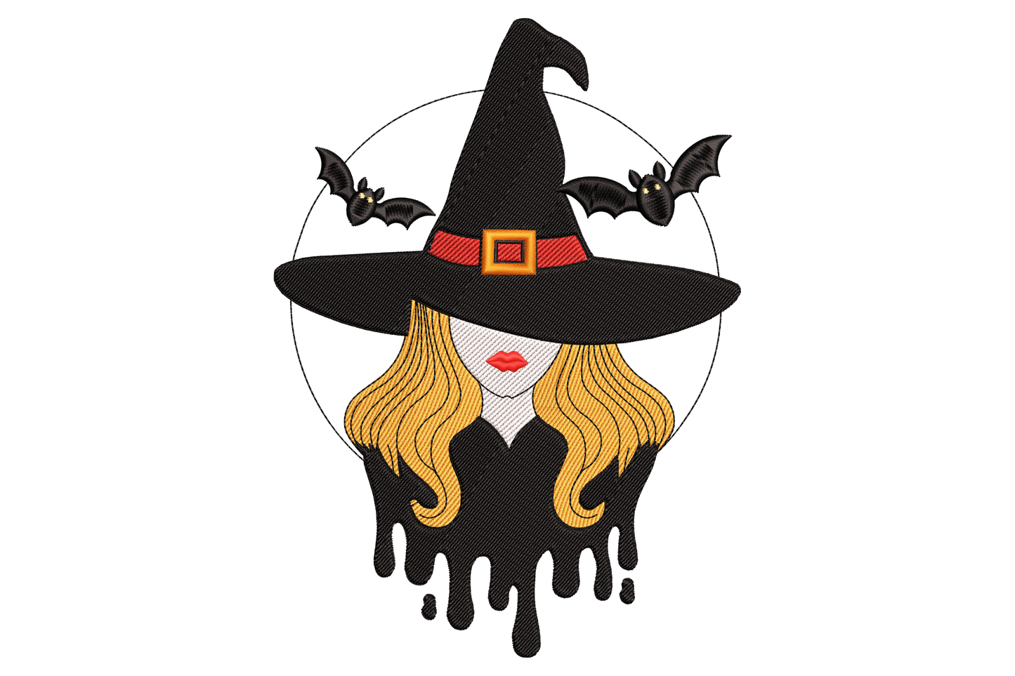 Halloween witch lady full figure with tall black hat flowing dark hair and 7-colour clothing detail, character illustration style, 2.55 x 3.5 inch machine embroidery