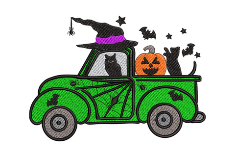 Halloween witch truck embroidery design with green pickup, purple witch hat, two black cats and orange jack-o-lantern in bed.