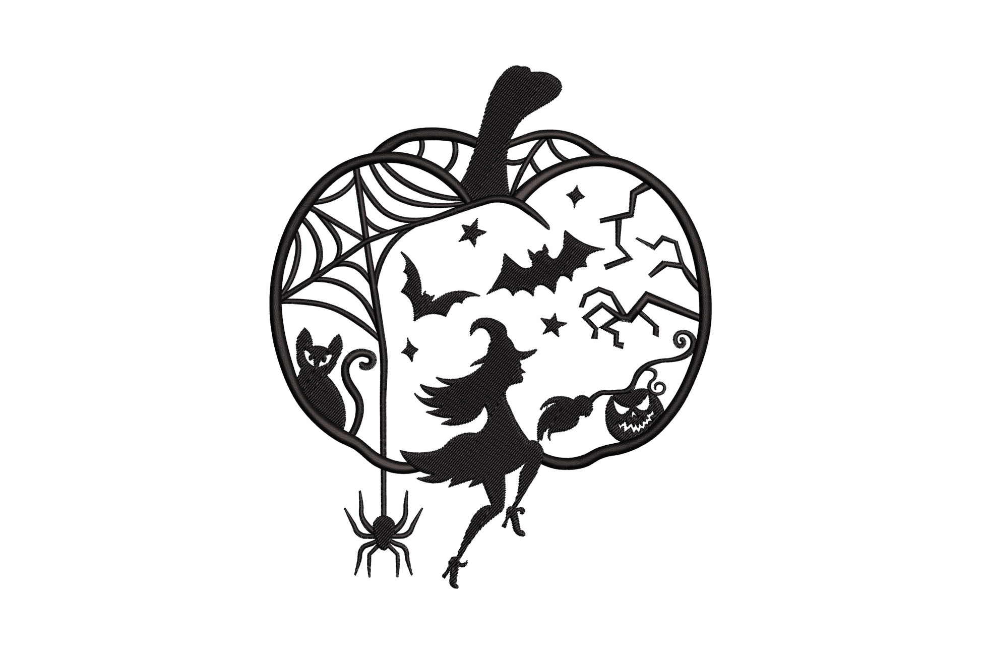 Halloween witch on broomstick inside pumpkin silhouette frame with cat, spider web, bats and tiny pumpkin in black papercut.
