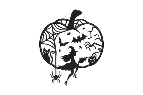 Halloween witch on broomstick inside pumpkin silhouette frame with cat, spider web, bats and tiny pumpkin in black papercut.