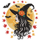Halloween Witch with Bats & Autumn Leaves Embroidery Design, Instant Download