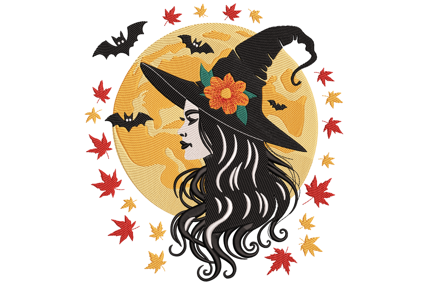 Halloween witch with bats and autumn leaves embroidery showing a purple witch silhouette in tall hat surrounded by black bats and rust-amber scattered leaves.