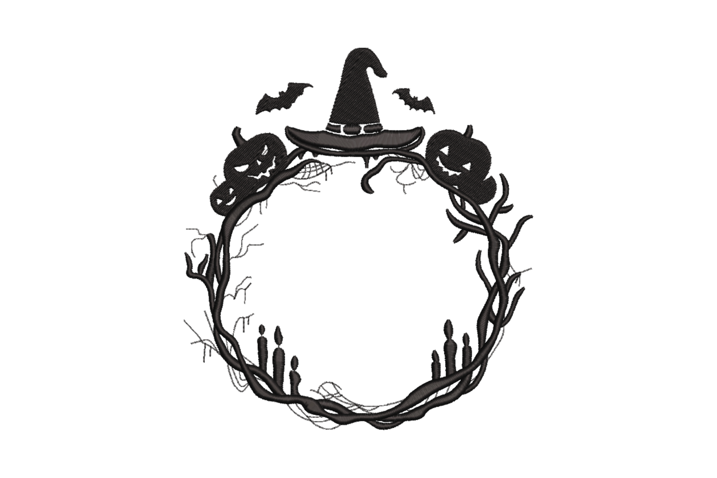 Machine embroidery design of a circular Halloween wreath frame made from gnarled twigs with witch hat at top, flanking jack-o-lanterns, bats, candles and spiderwebs, single black thread
