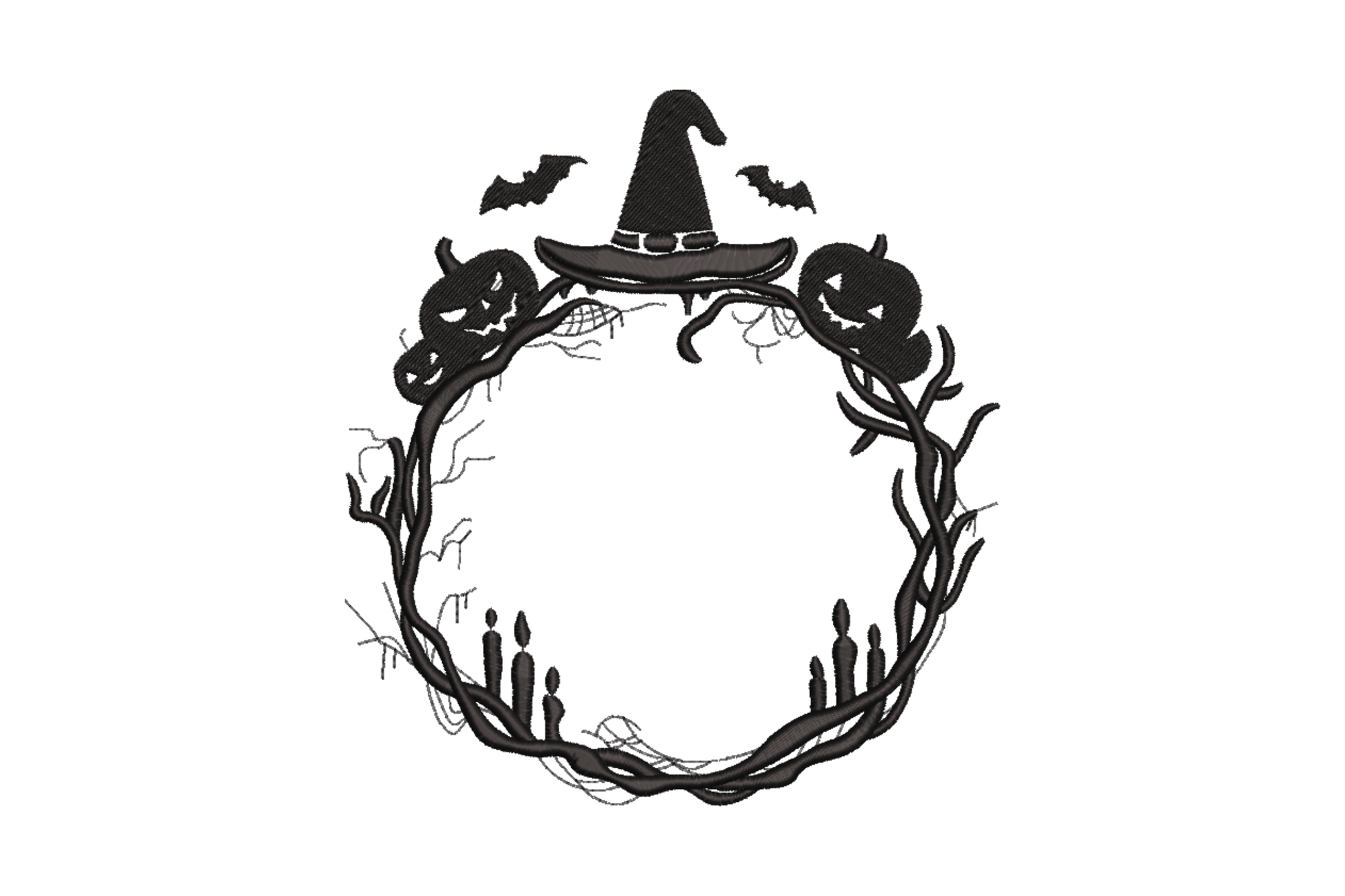 Machine embroidery design of a circular Halloween wreath frame made from gnarled twigs with witch hat at top, flanking jack-o-lanterns, bats, candles and spiderwebs, single black thread
