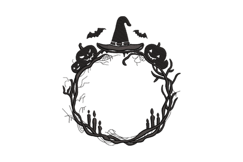 Machine embroidery design of a circular Halloween wreath frame made from gnarled twigs with witch hat at top, flanking jack-o-lanterns, bats, candles and spiderwebs, single black thread