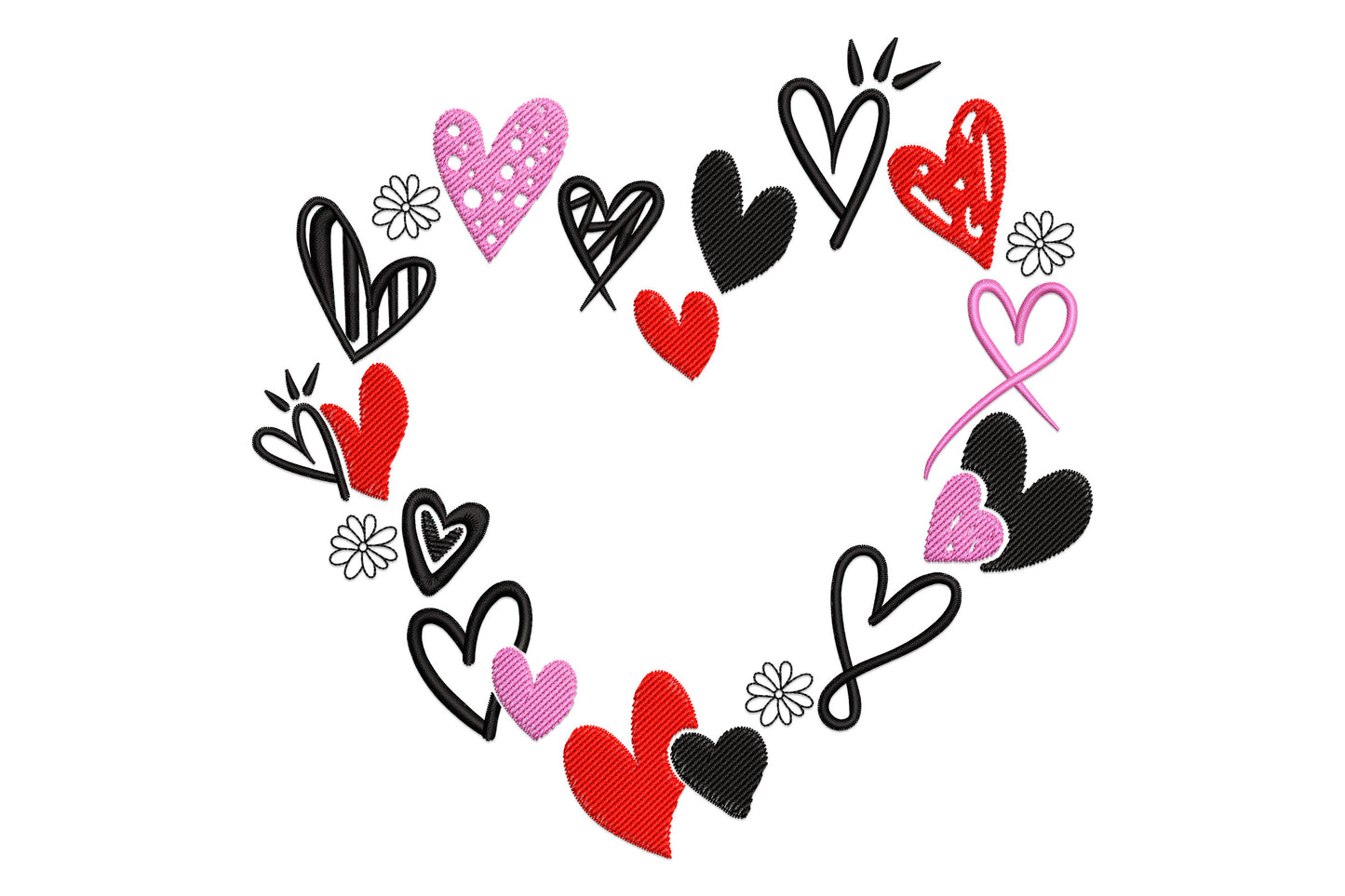 Hand drawn heart wreath embroidery design with mixed doodle-style red, pink and black hearts and small daisy accents arranged in a circle.