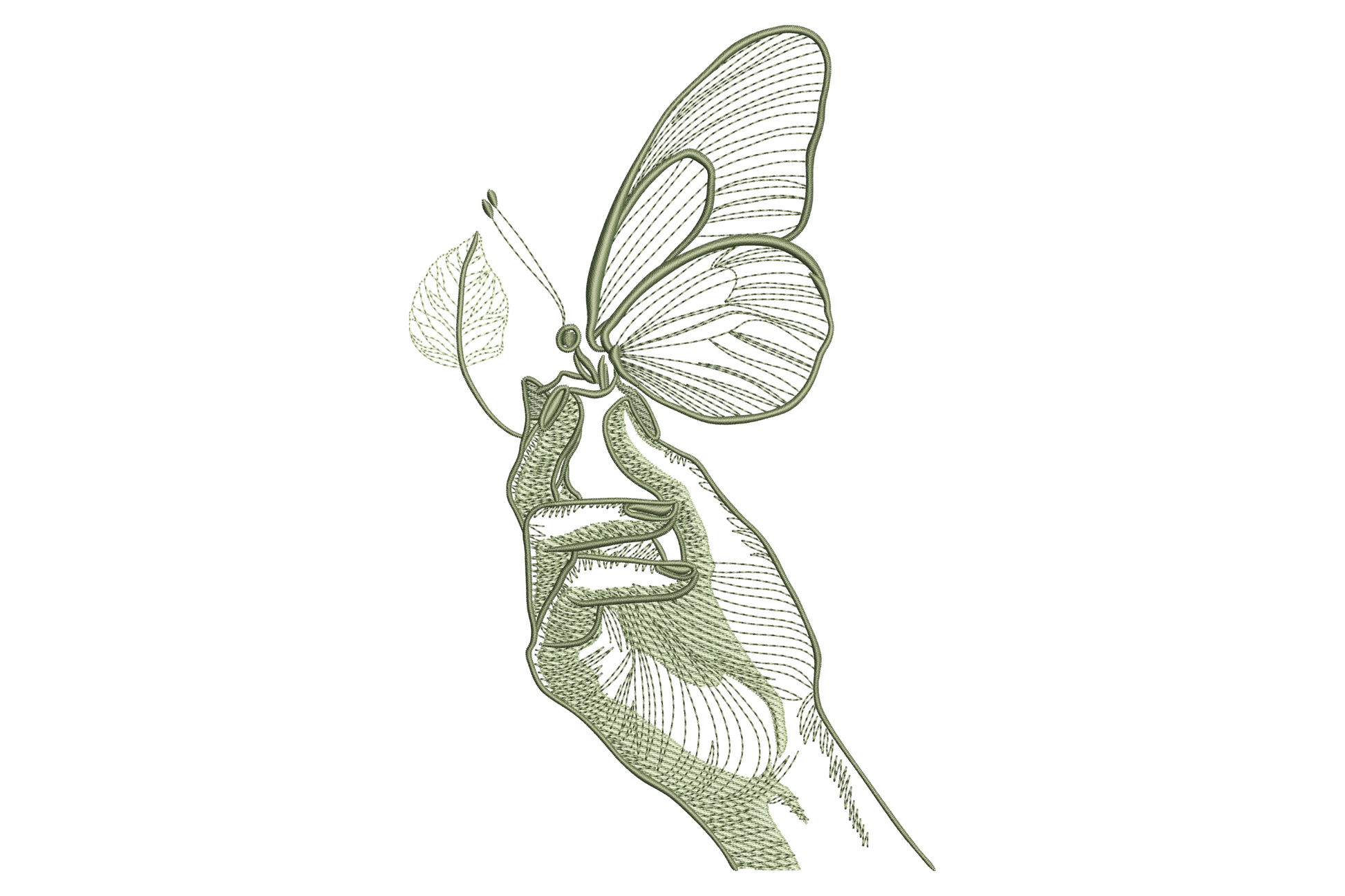 Hand holding butterfly line art embroidery in sage thread, vintage engraved style with cross-hatch shading.