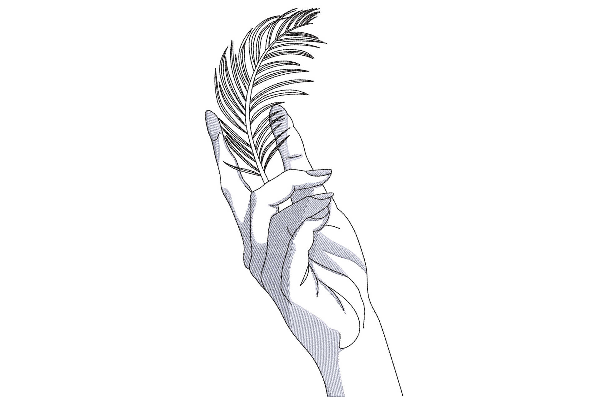Minimalist line art embroidery design of a hand pinching a single feather between fingers, soft sky blue and black ink.