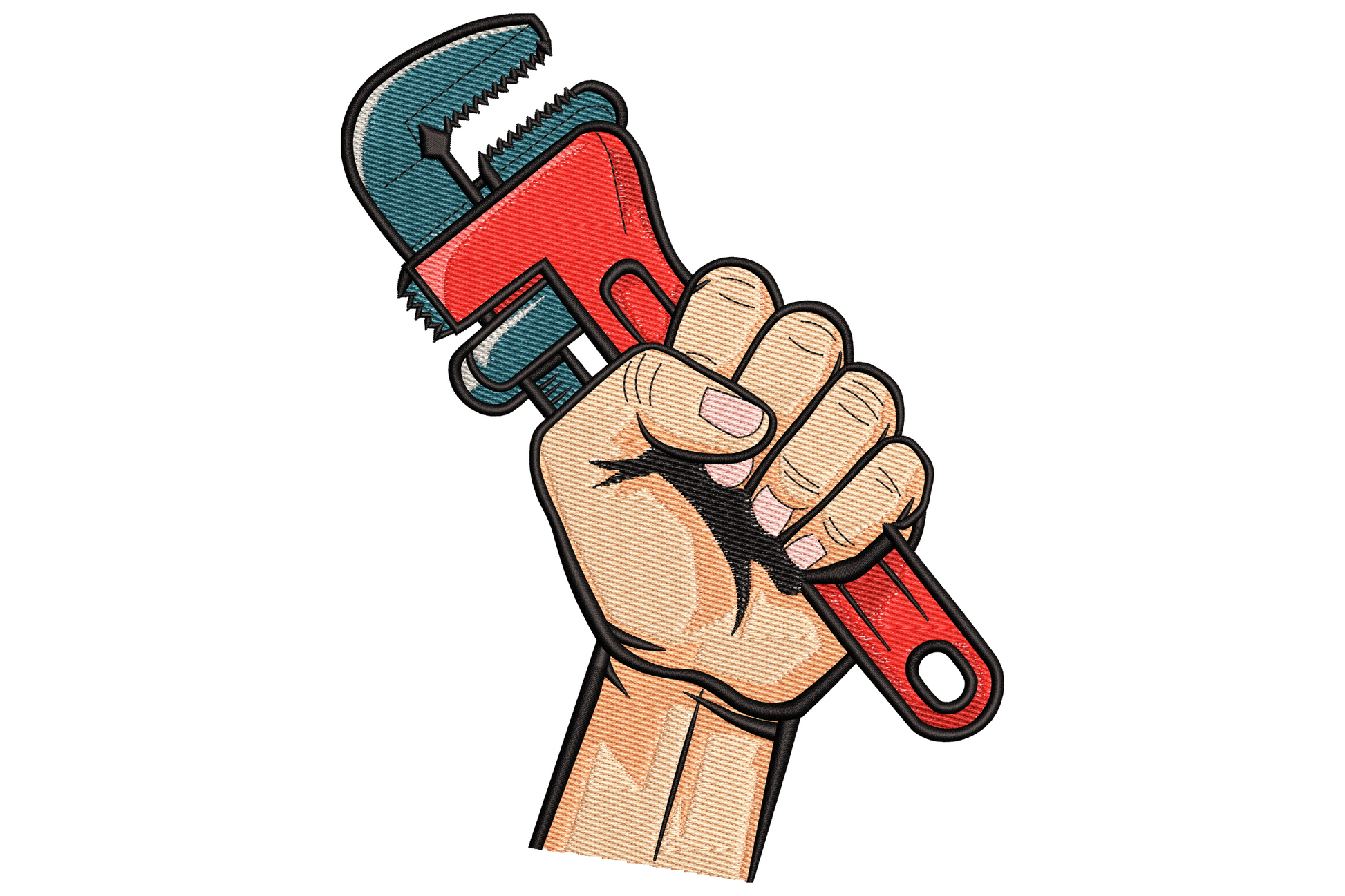 Hand holding wrench embroidery design with clenched fist gripping a bright red pipe wrench, comic-style outlines and tan skin tones.