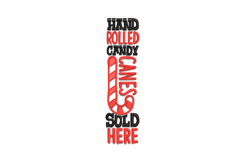 Hand rolled candy canes sold here vertical embroidery with stacked block text and crossed candy canes in red and black