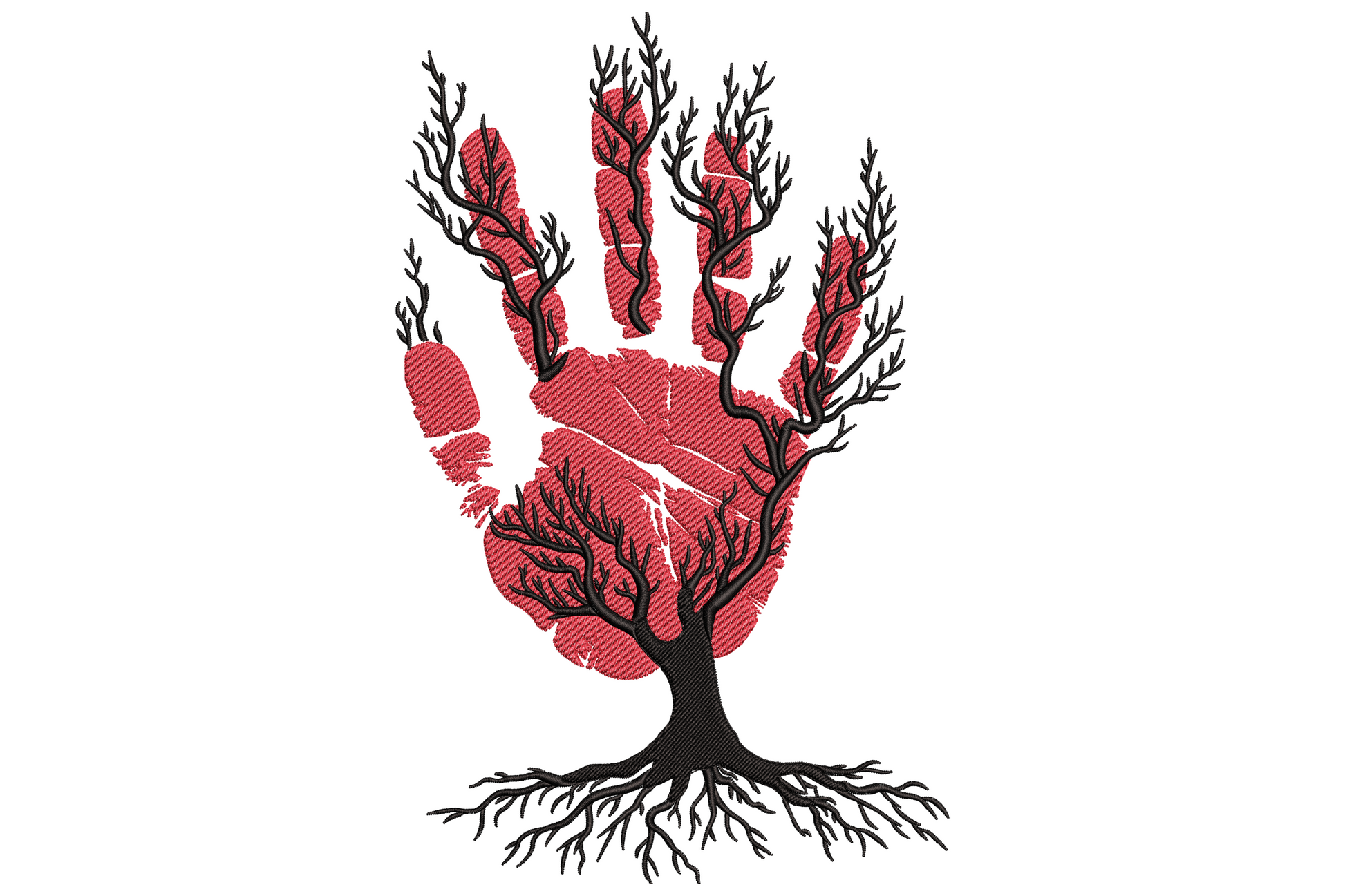 Handprint tree embroidery design, red open hand with bare black tree branches and roots growing through it, symbolic 2-colour design.