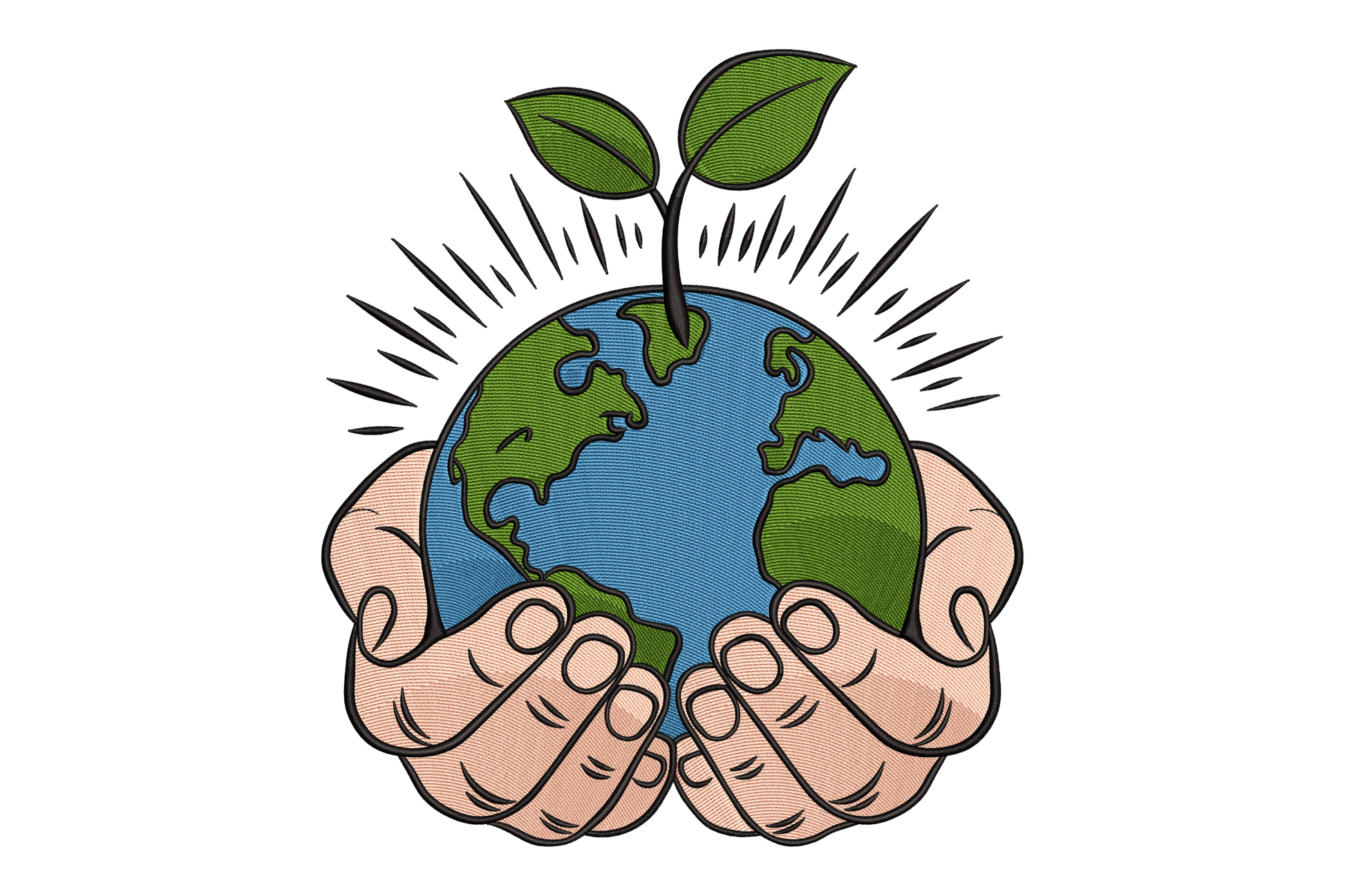 Illustration of hands holding a globe with a plant, symbolizing environmentalism.