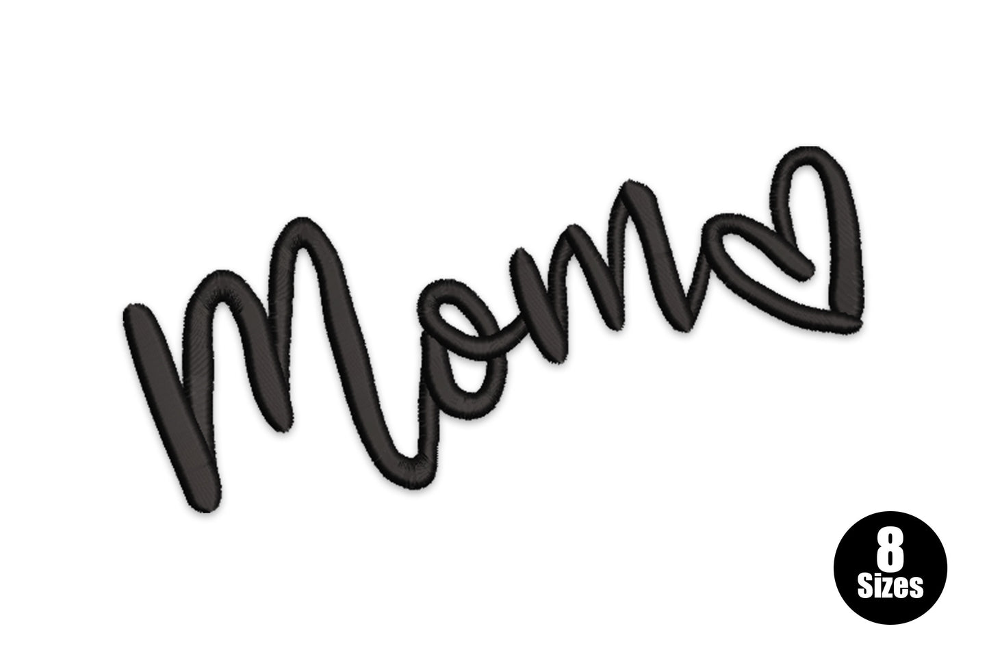 Handwritten mom embroidery design in flowing cursive script with a small open heart at the end, single black thread outline.