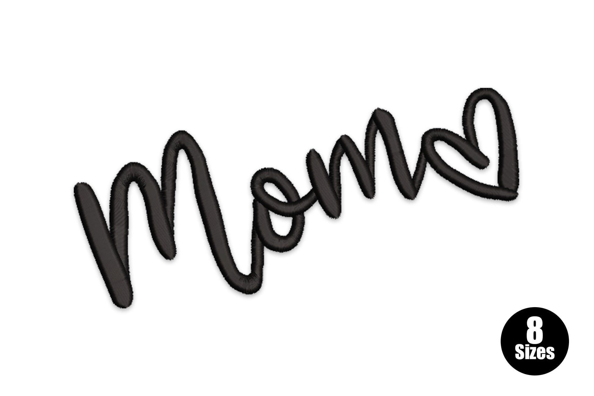 Handwritten mom embroidery design in flowing cursive script with a small open heart at the end, single black thread outline.