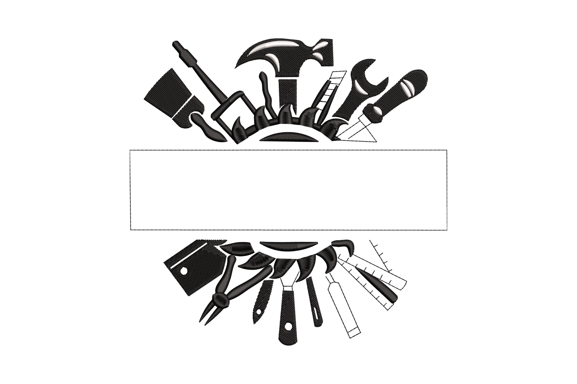 Handyman workshop tools fanning in semicircles above and below a plain rectangular name frame, 2-colour silhouette embroidery in charcoal black