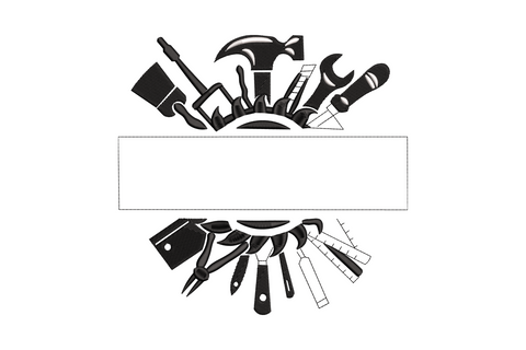 Handyman workshop tools fanning in semicircles above and below a plain rectangular name frame, 2-colour silhouette embroidery in charcoal black