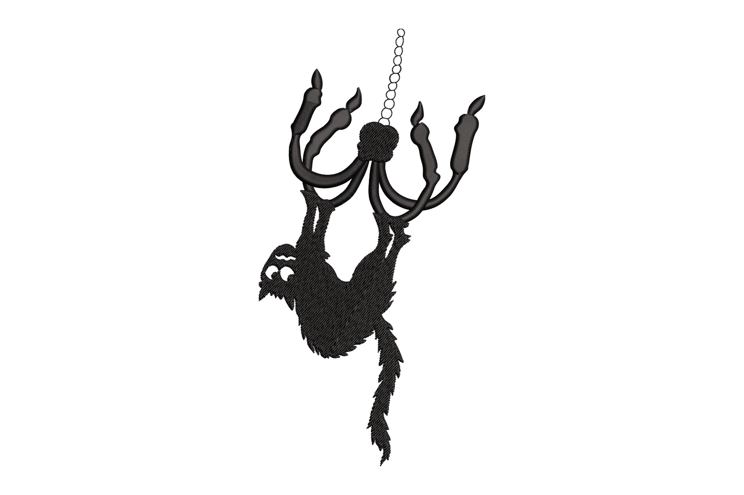 Black cat hanging upside down from chandelier embroidery design, solid black silhouette, 1 color, 5 sizes up to 7.5 inches wide
