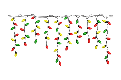 Hanging Christmas icicle lights border embroidery, drooping bullet-shaped bulbs in red yellow green on black wire, uneven drip edge