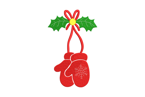 Hanging christmas mittens with holly embroidery design, two red mittens with white cuffs and holly sprig, 4 colors, 6 sizes up to 7.5 inches wide